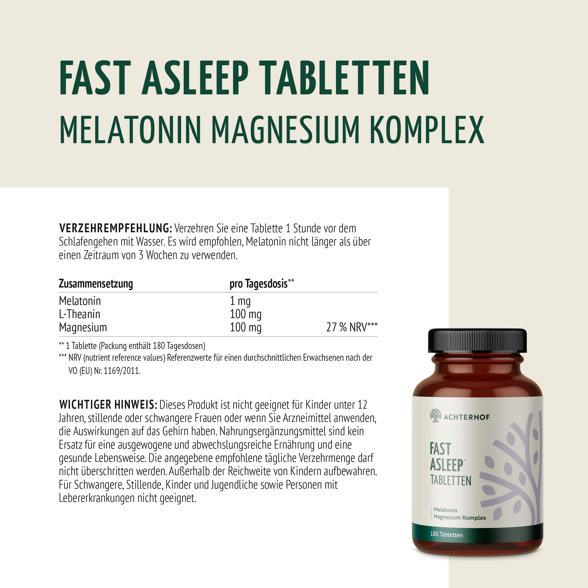 Melatonin Magnesium Komplex Fast Asleep (180 Tabletten)