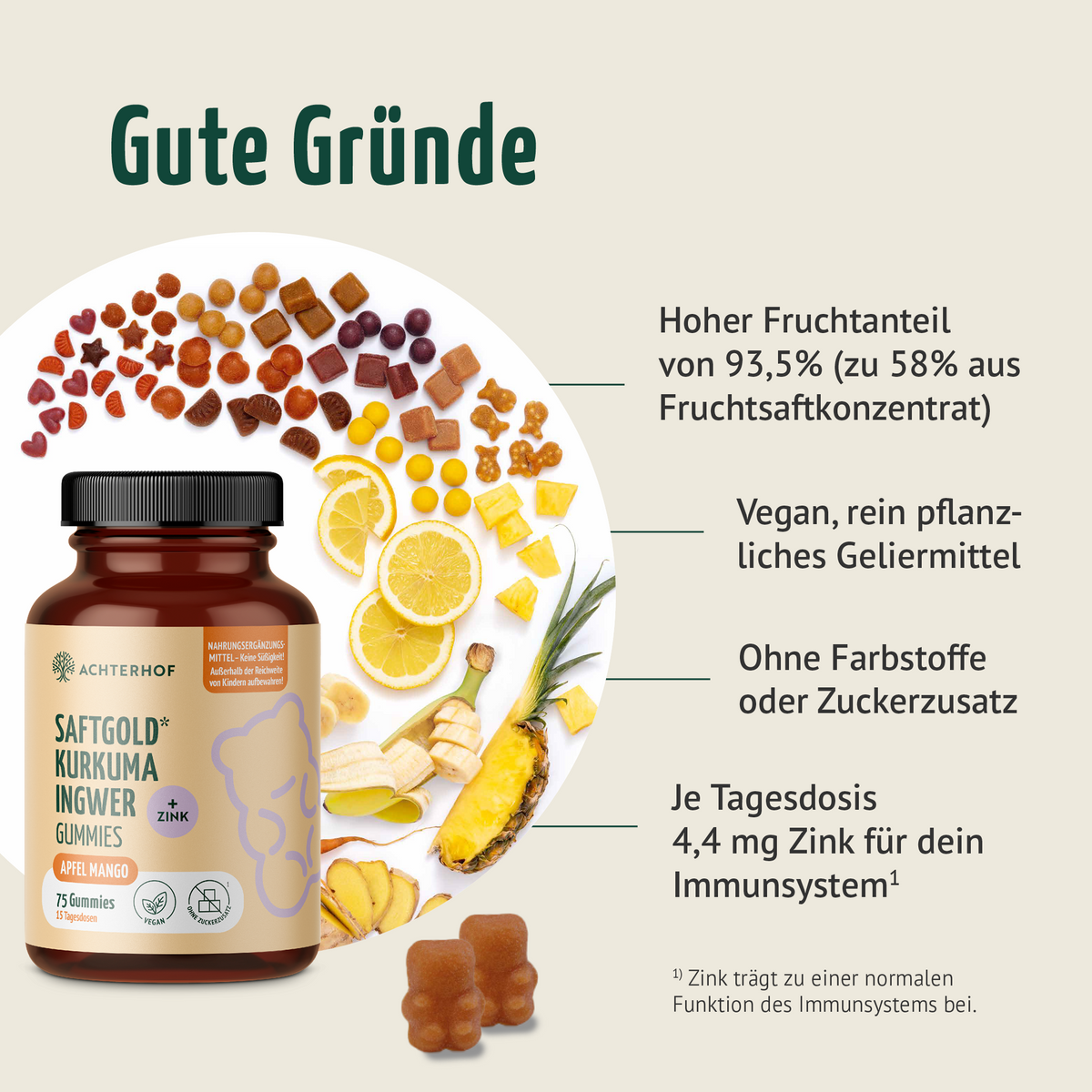 Saftgold Kurkuma Ingwer Gummies Apfel Mango + Zink (75 Stück)