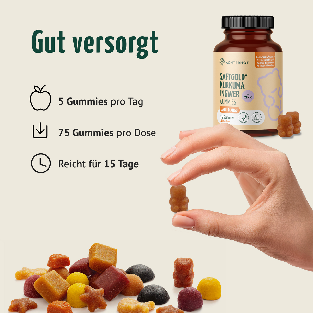 Saftgold Kurkuma Ingwer Gummies Apfel Mango + Zink (75 Stück)