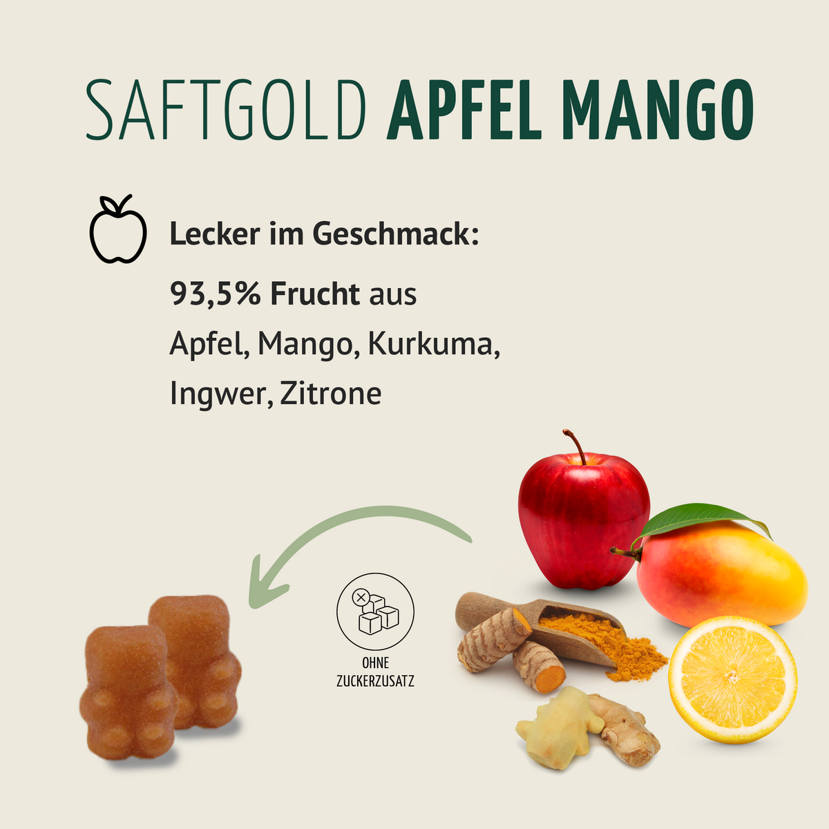 Saftgold Kurkuma Ingwer Gummies Apfel Mango + Zink (75 Stück)
