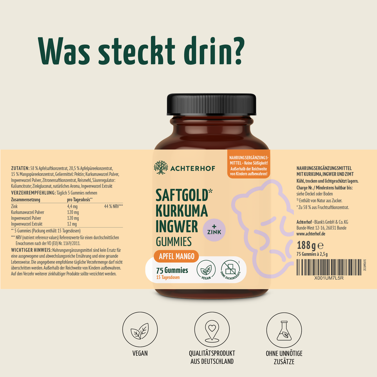 Saftgold Kurkuma Ingwer Gummies Apfel Mango + Zink (75 Stück)