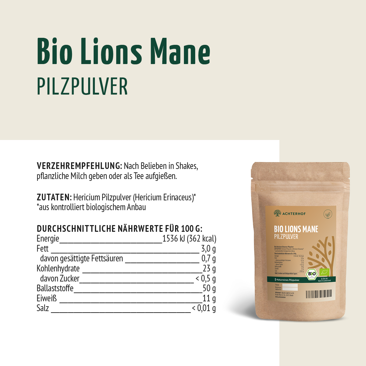 Bio Lions Mane Pilzpulver (250g)