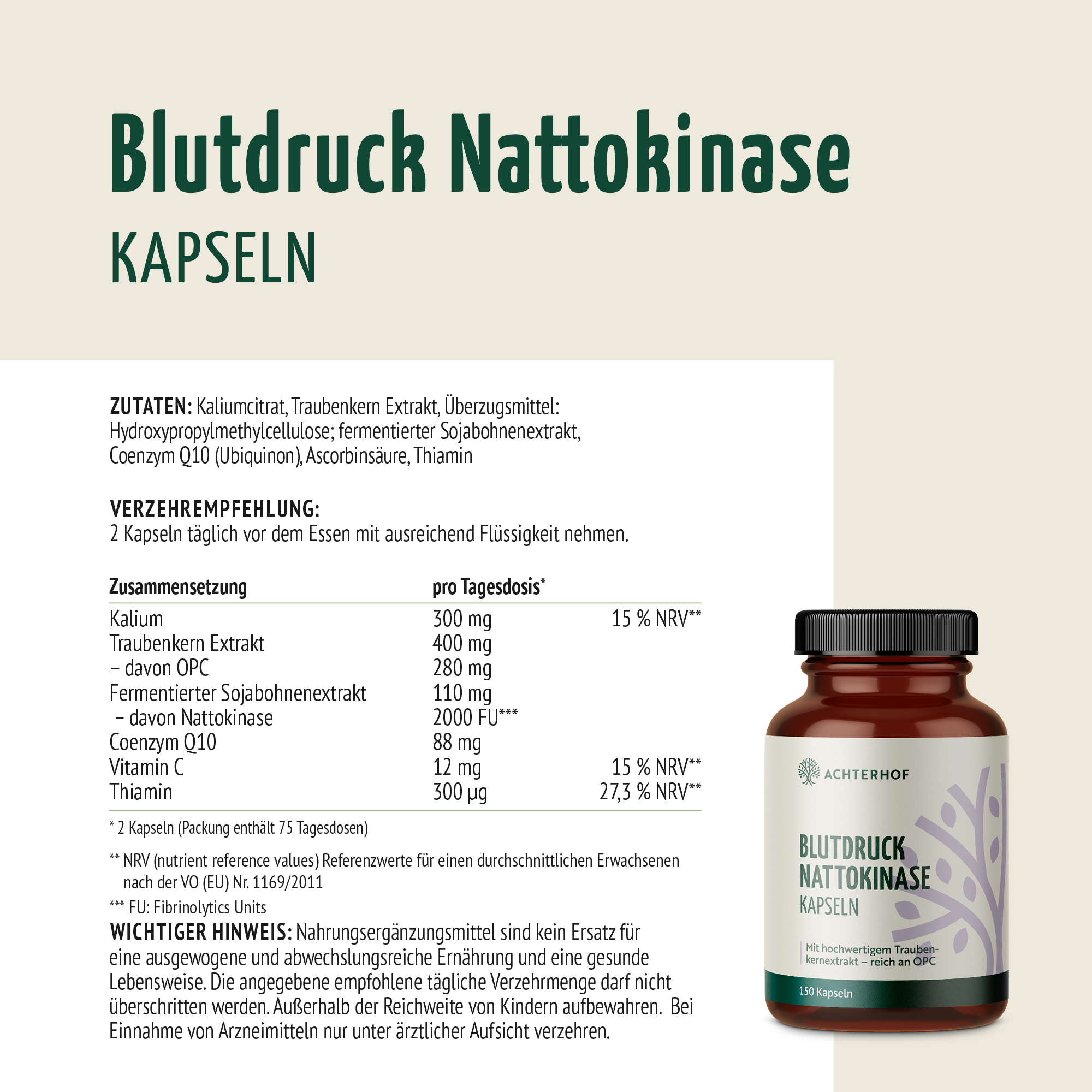 Blutdruck Nattokinase Kapseln (150 Kapseln)