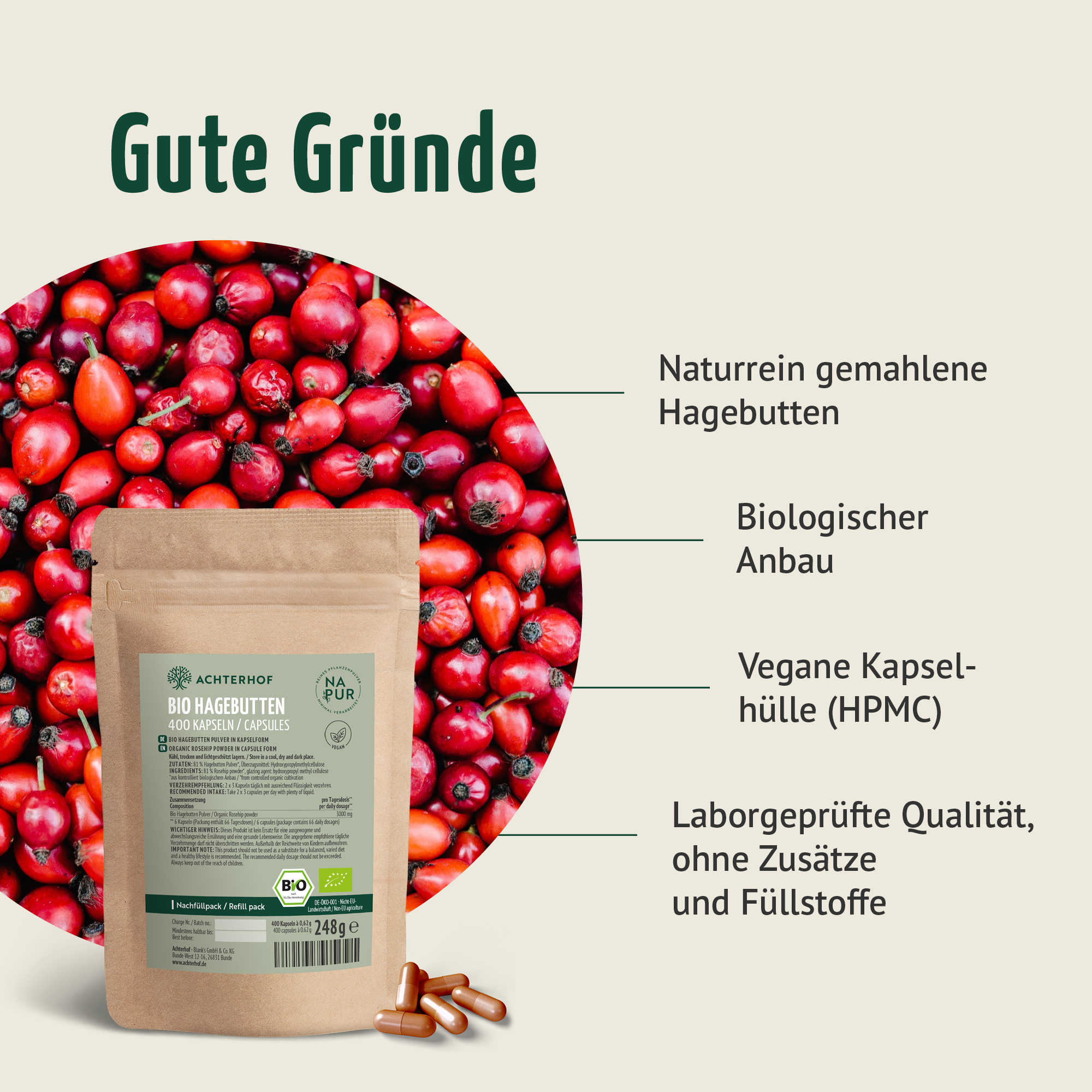 Bio Hagebutten Kapseln Nachfüllpack (400 Kapseln)