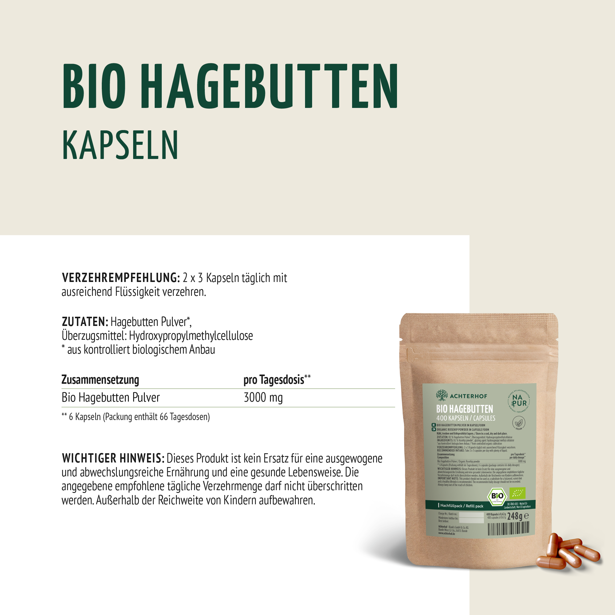 Bio Hagebutten Kapseln Nachfüllpack (400 Kapseln)