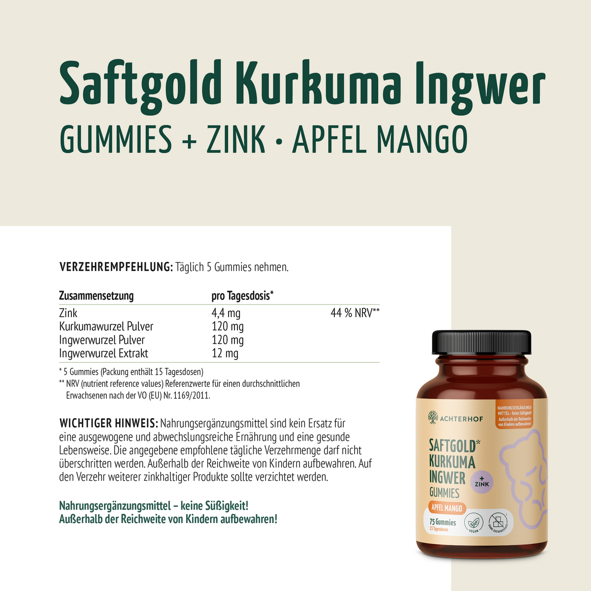 Saftgold Kurkuma Ingwer Gummies Apfel Mango + Zink (75 Stück)